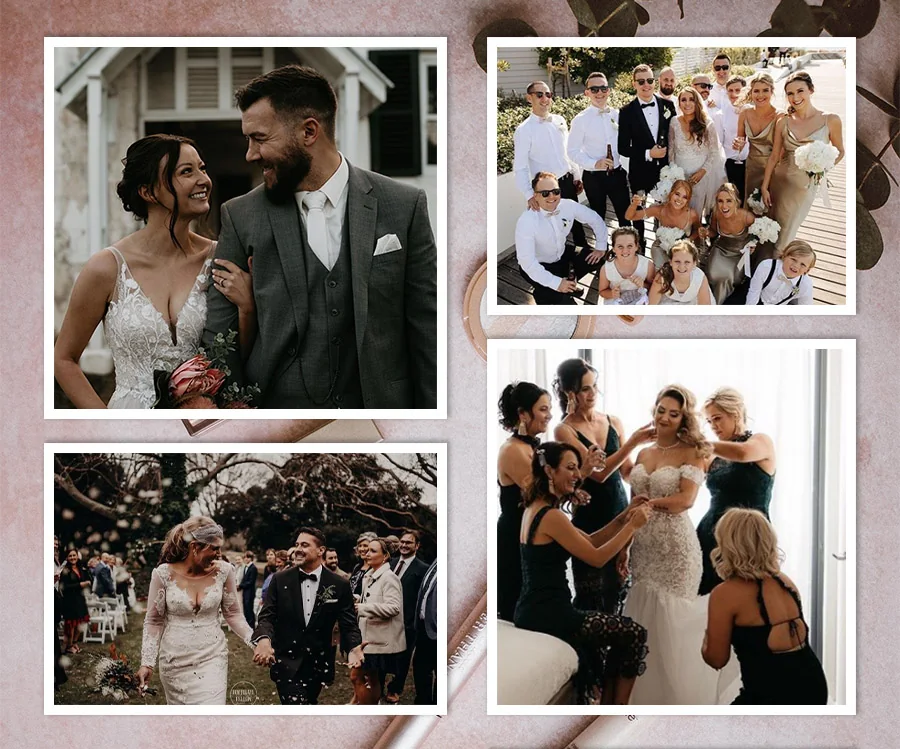 A collage of wedding photos: couples, bridal parties getting ready, a stylist at work and a bride and groom walking at sunset