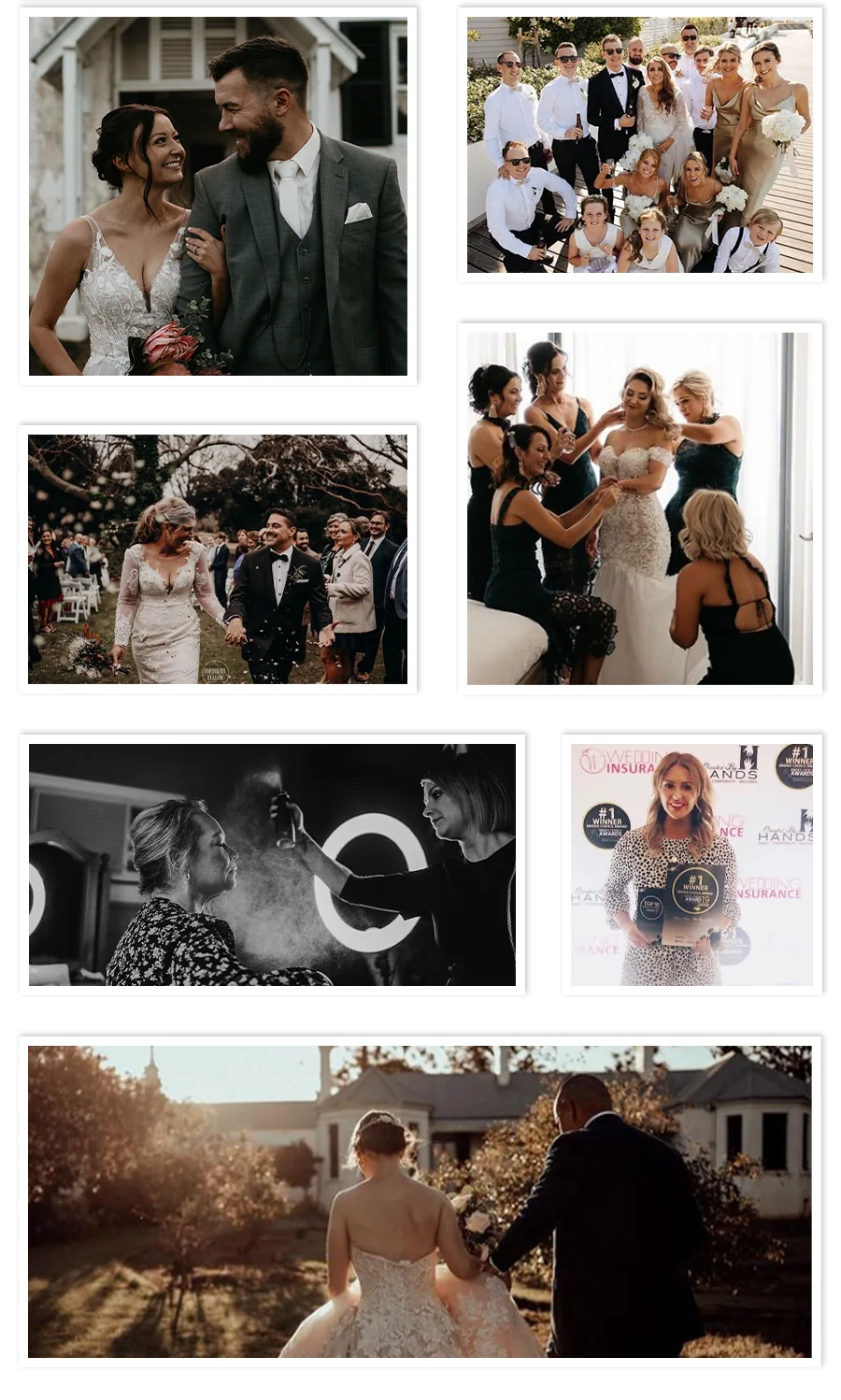 A collage of wedding photos: couples, bridal parties getting ready, a stylist at work and a bride and groom walking at sunset